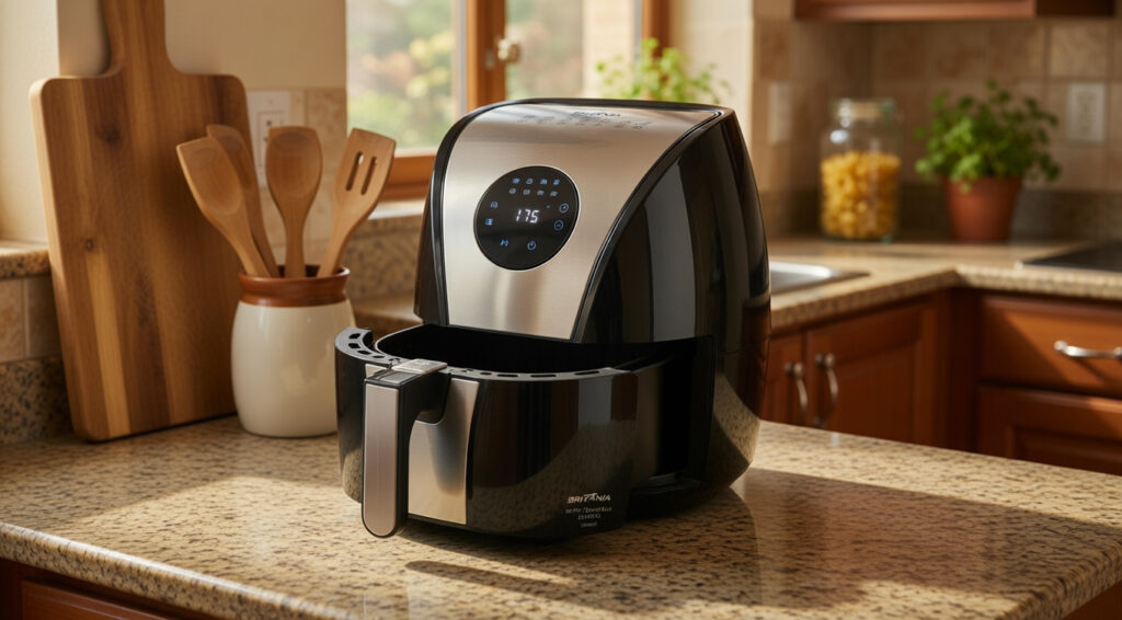 air fryer britania aberta na cozinha