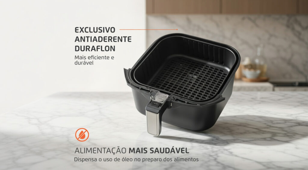 Cesto vazio da air fryer Mondial Grand Family 5L em destaque, com foco no revestimento antiaderente Duraflon.
