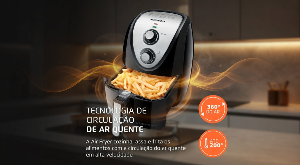 Air fryer Mondial Grand Family 5L com batatas fritas e destaque para a tecnologia de circulação de ar quente 360°