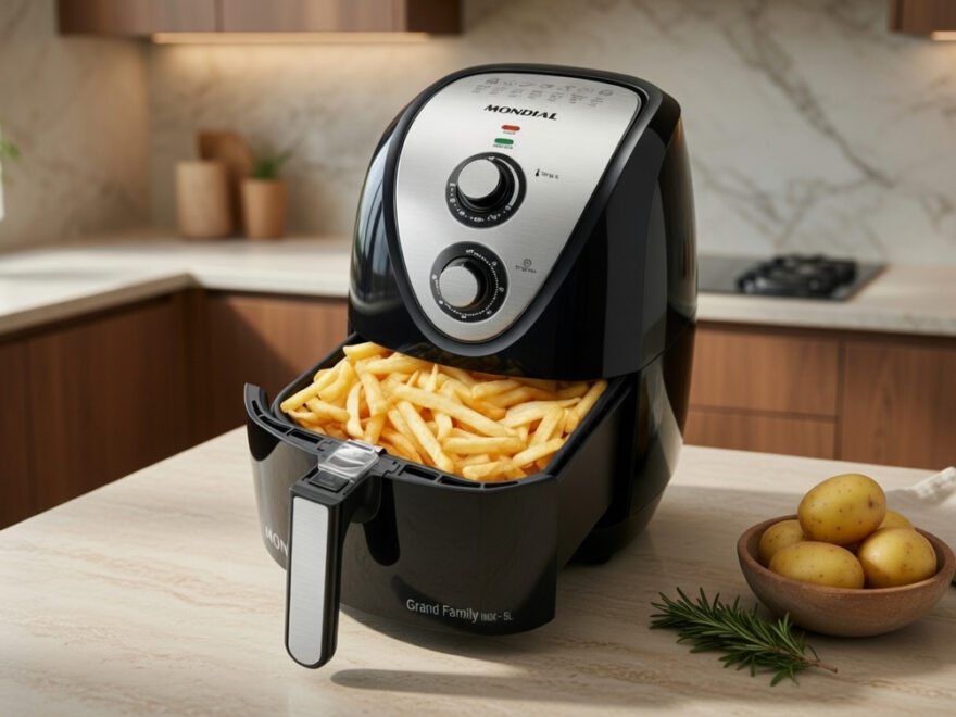 Air fryer Mondial Grand Family 5L sobre bancada de cozinha, com cesto aberto e batatas fritas.