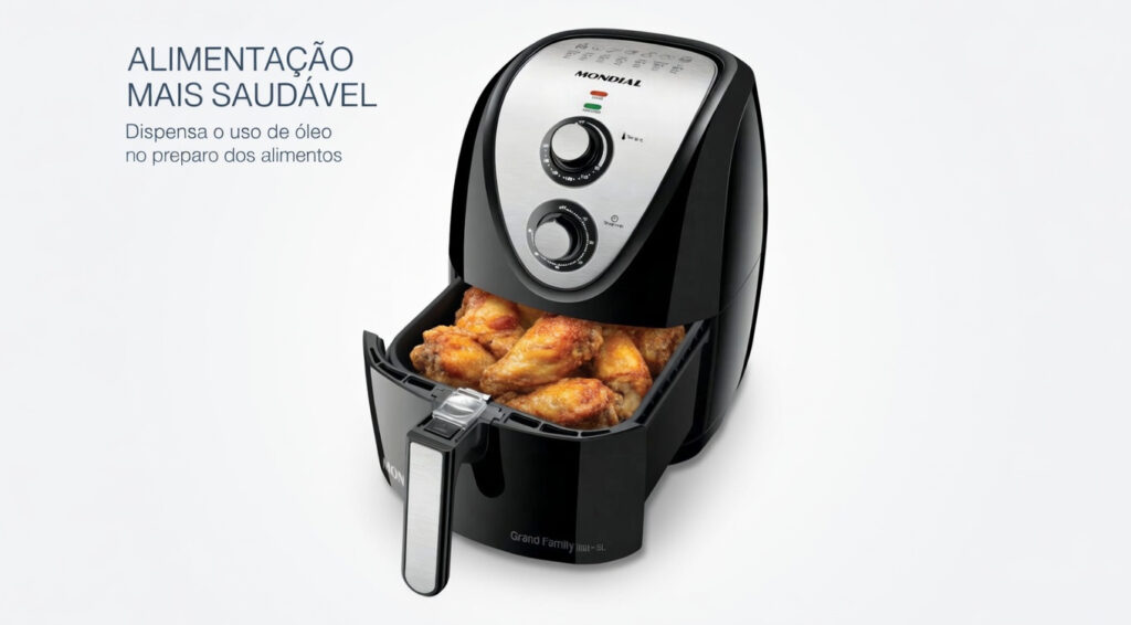 Air fryer Mondial Grand Family 5L com tulipas assadas no cesto, destacando preparo sem óleo e alimentação mais saudável.
