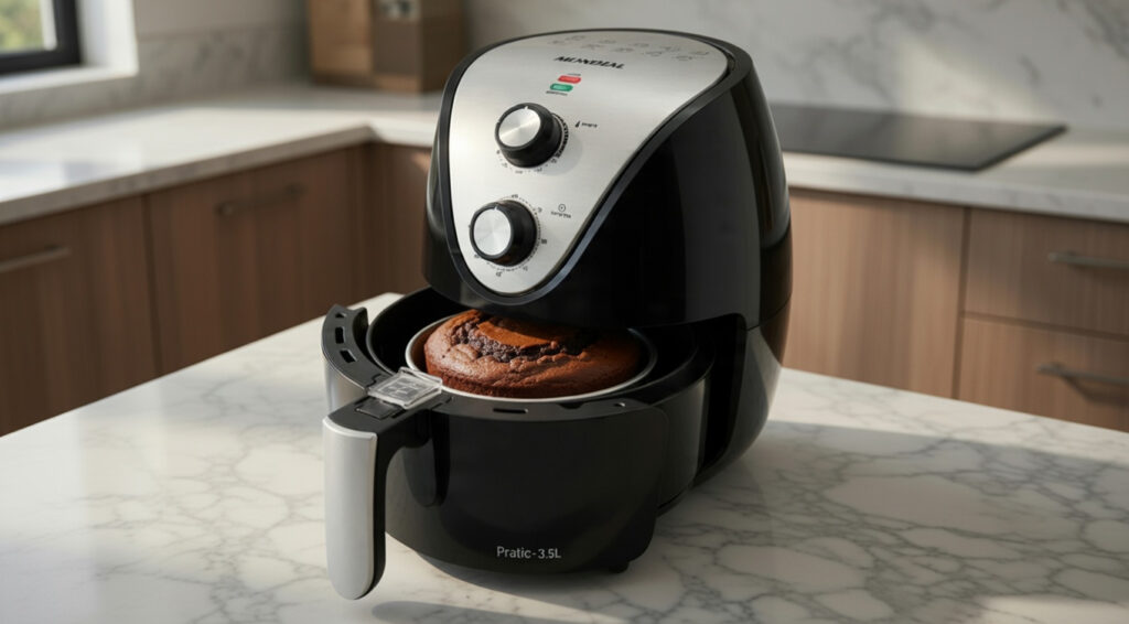 bolo pronto na air fryer na cozinha