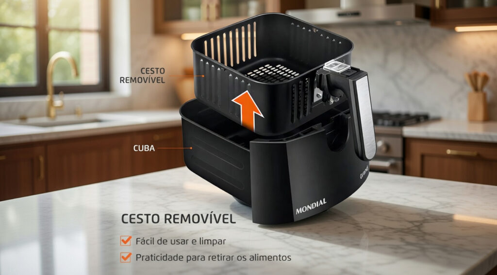 Cesto removível da air fryer Mondial Grand Family 5L fora da cuba, destacando praticidade na limpeza e no uso.