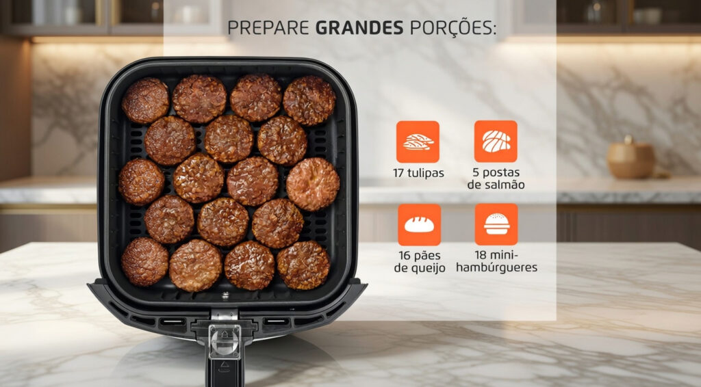 Cesto da air fryer Mondial Grand Family 5L com mini-hambúrgueres, mostrando capacidade para grandes porções.